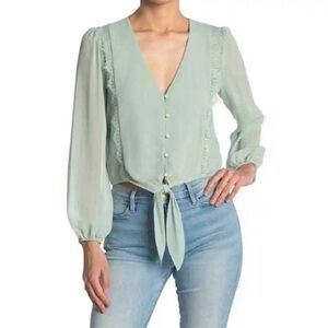 NWT | WAYF Lace Trim Knotted Long Sleeve Blouse in Sage Size XL